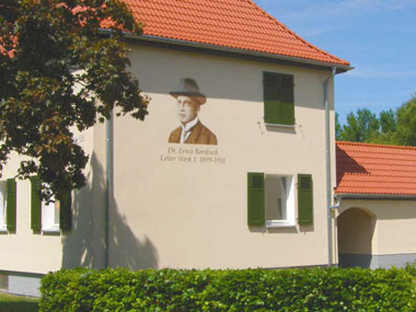 kleines Bild - Fassadenmalerei Ernst-Borsbach-Straße 10 in Bitterfeld hat 4 Wohnungen, 2 RWE, 44 - 49 m<sup>2</sup>, mit viel Gruenflarche, Fernwärme, Stellplatz oder Garage möglich. Auch Eigener Garten ist möglich. Nebengelass in Verbinderbauten bzw. Dachgeschoss. Viel Grün und Gartennutzung möglich. Mehrere Garagenkomplexe im Wohngebiet vorhanden.